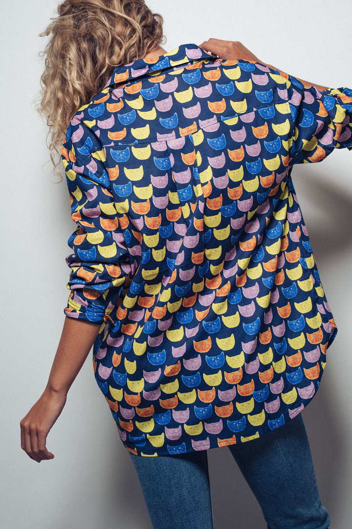 Playful Cat Faces Printed Button-Up Shirt