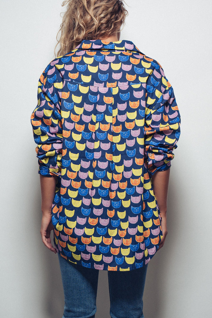 Playful Cat Faces Printed Button-Up Shirt