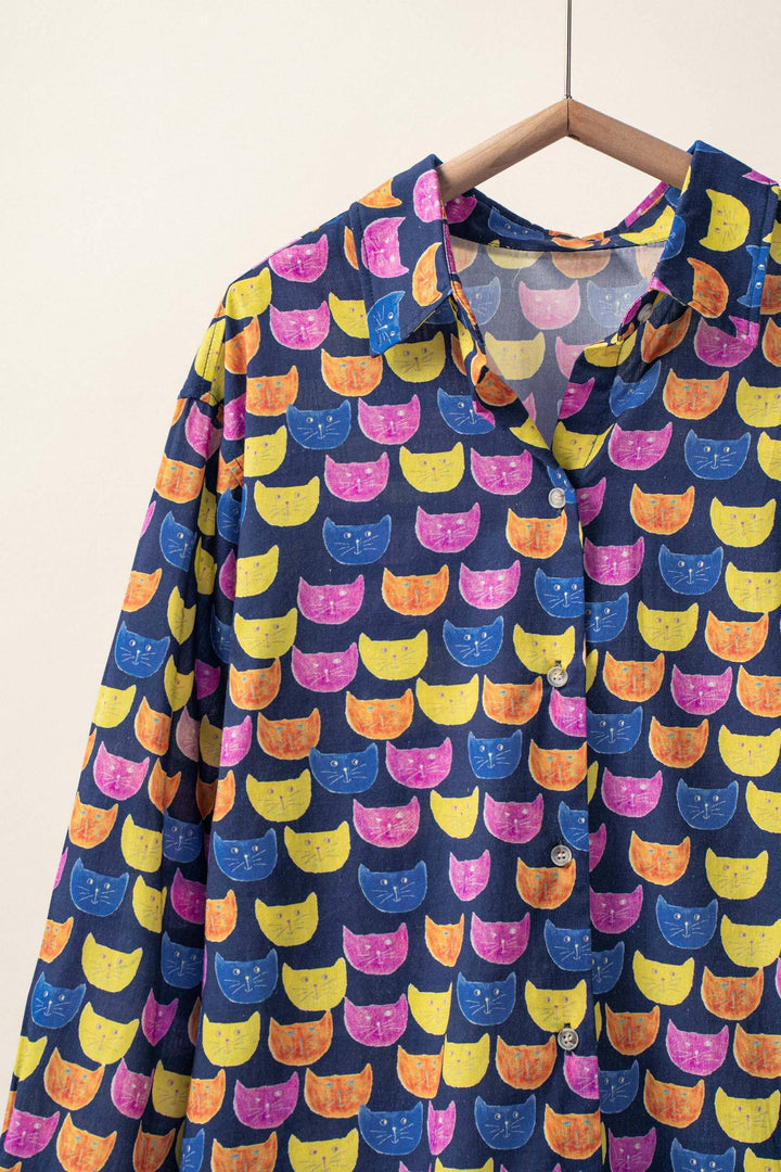Playful Cat Faces Printed Button-Up Shirt