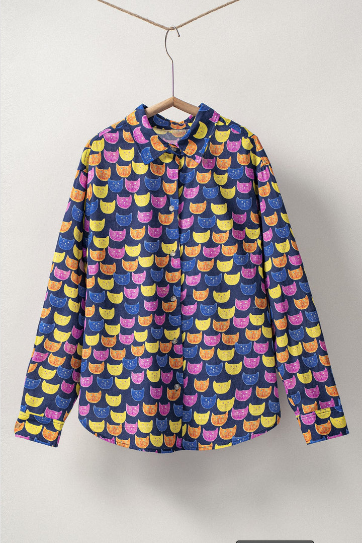 Playful Cat Faces Printed Button-Up Shirt