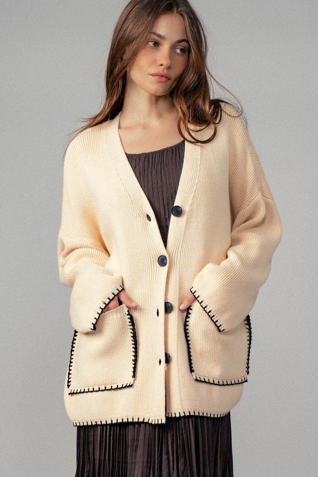 Oversized Sweater Cardigan With Stitch Detailing