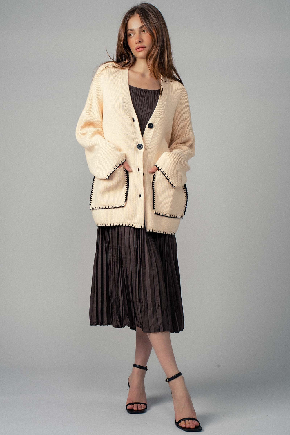 Oversized Sweater Cardigan With Stitch Detailing, additional view