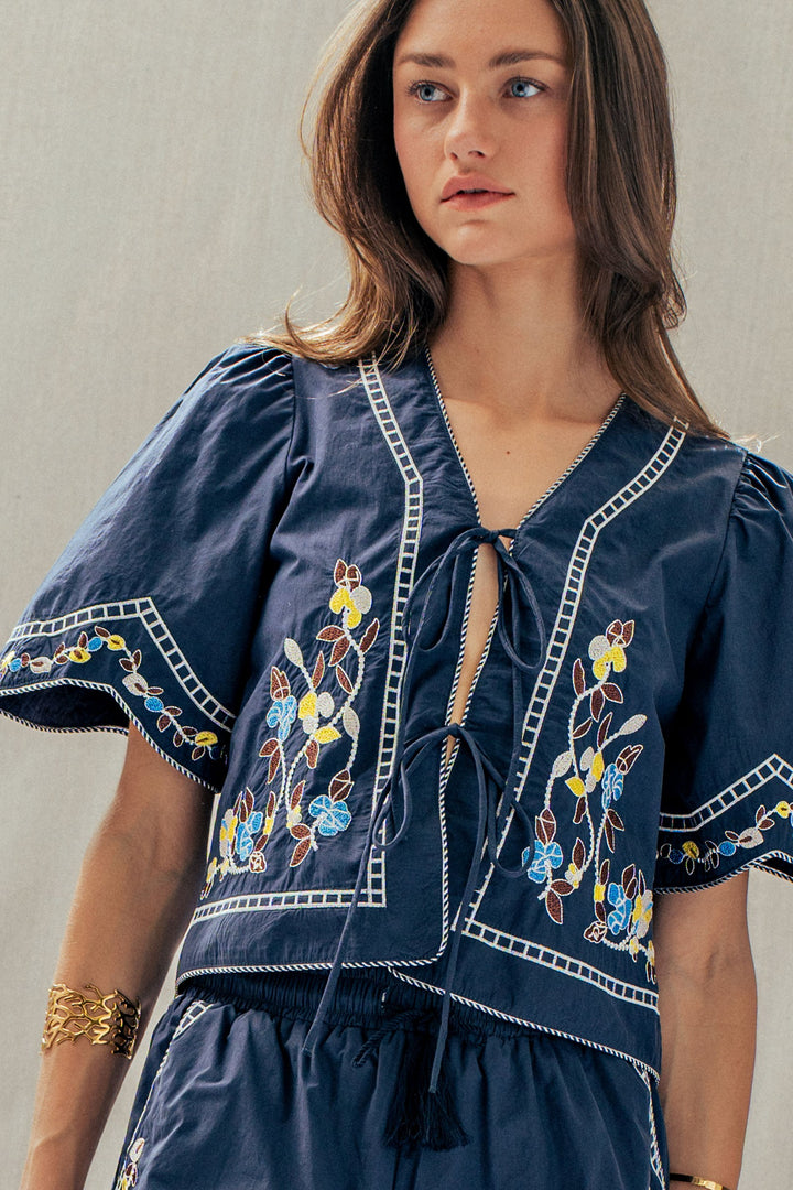 vintage inspired embroidered trim cotton top - navy (additional view)