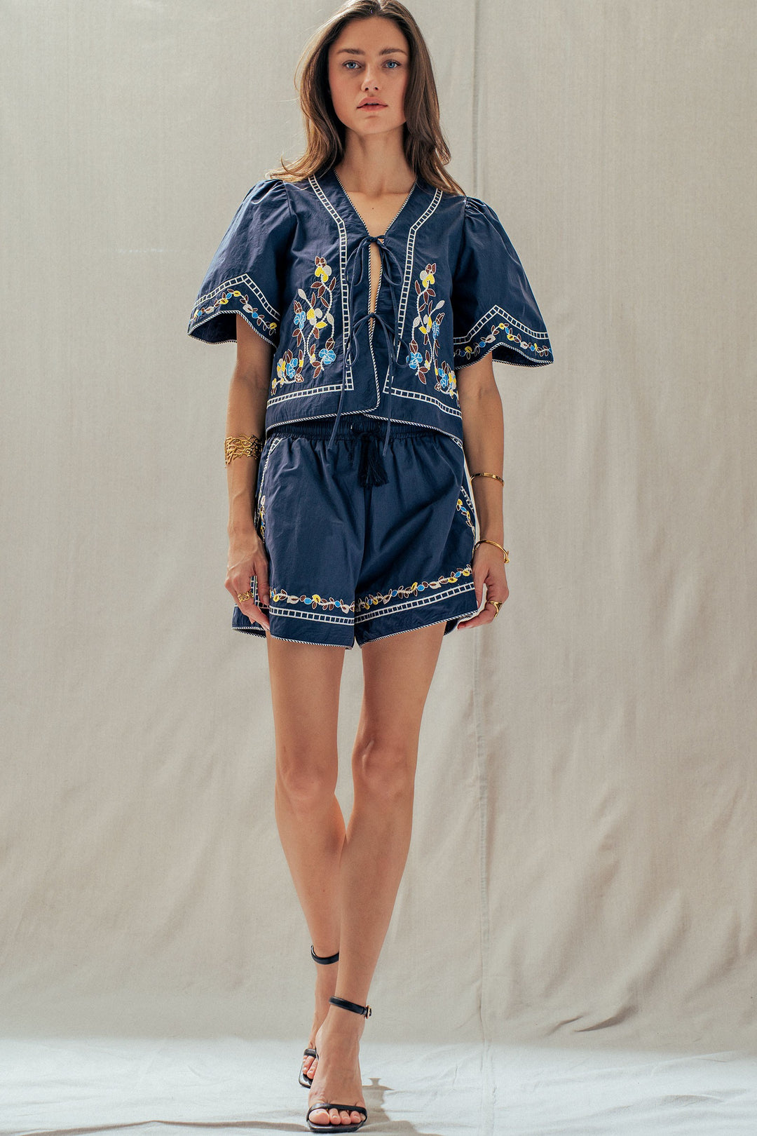 vintage inspired embroidered trim cotton top - navy (additional view)