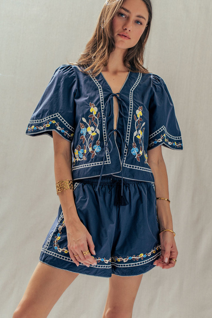 vintage inspired embroidered trim cotton top - navy (additional view)