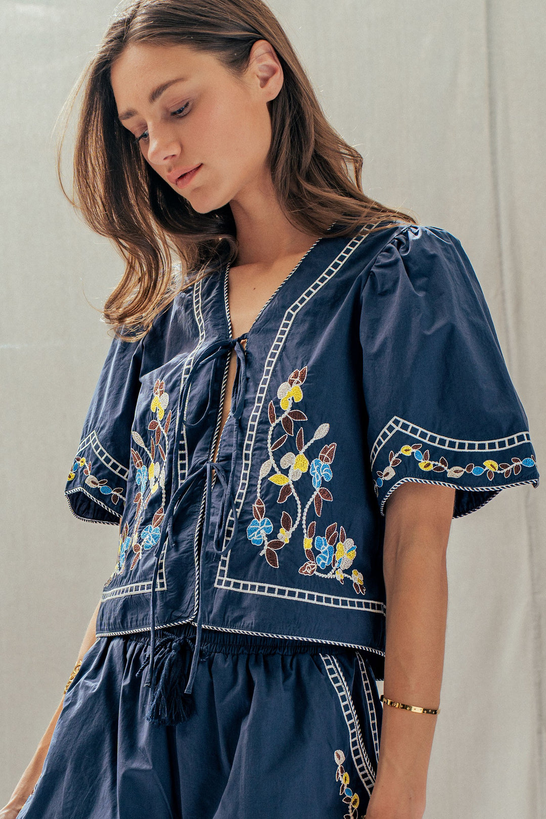 vintage inspired embroidered trim cotton top - navy (additional view)