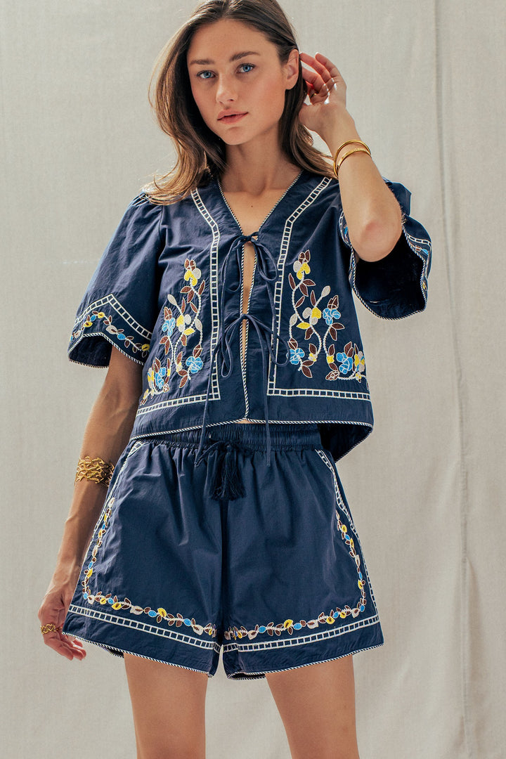 vintage inspired embroidered trim cotton top - navy (additional view)