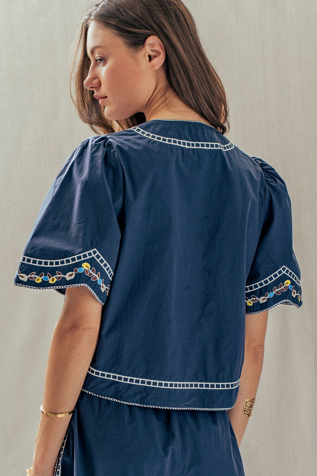 vintage inspired embroidered trim cotton top - navy (additional view)