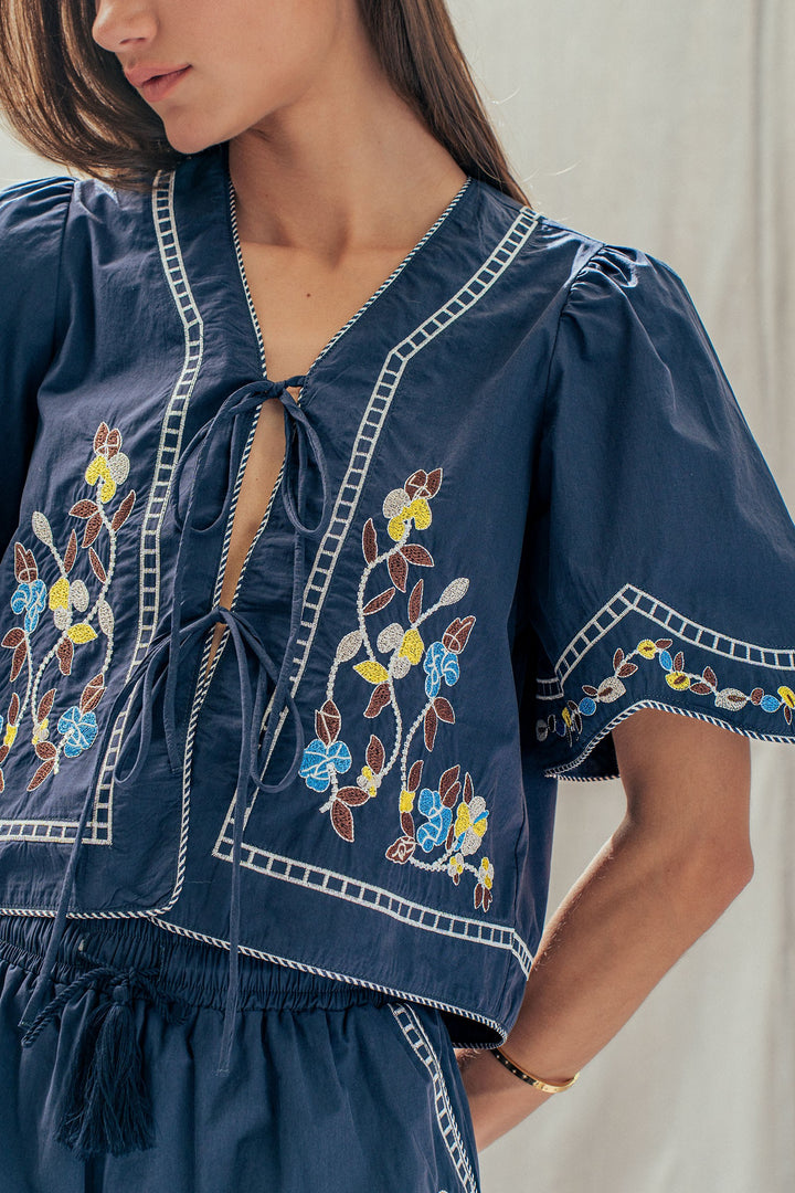 vintage inspired embroidered trim cotton top - navy (additional view)
