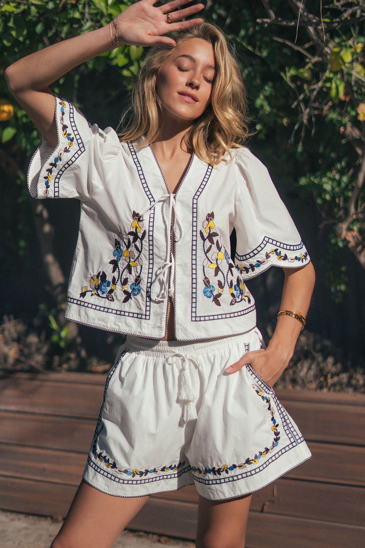 vintage inspired embroidered trim cotton top - white