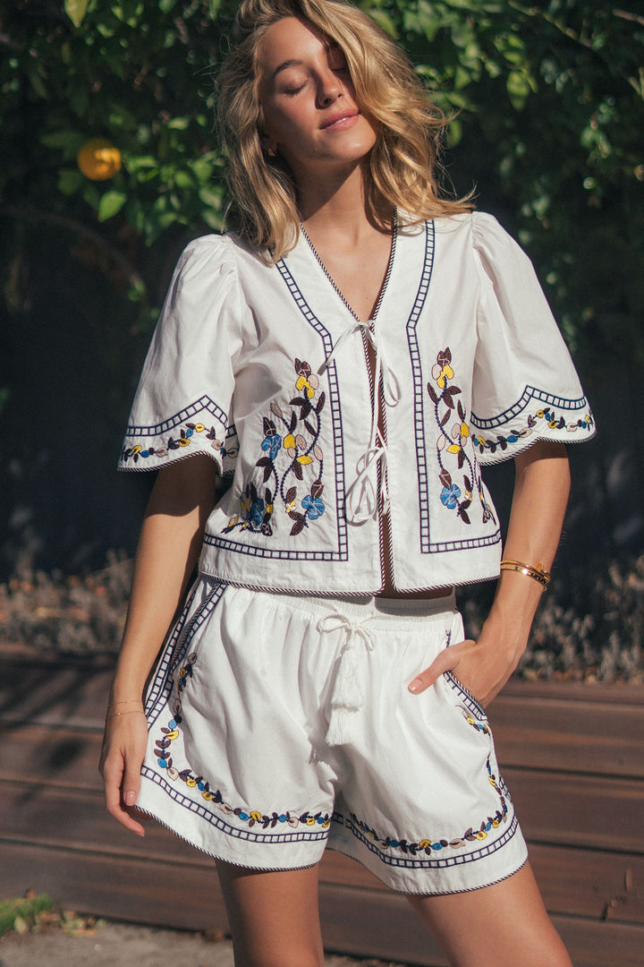 vintage inspired embroidered trim cotton top - white (additional view)