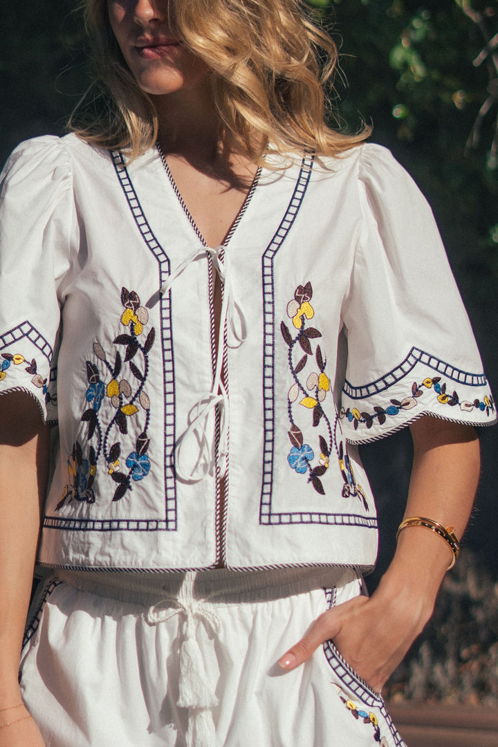vintage inspired embroidered trim cotton top - white (additional view)