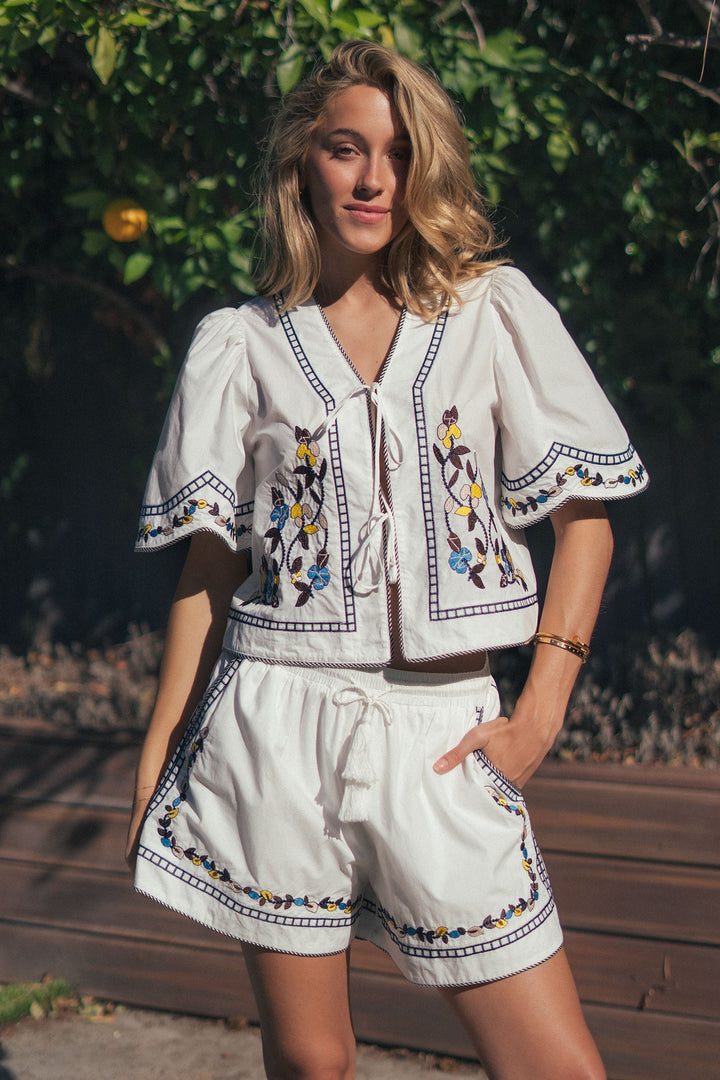 vintage inspired embroidered trim cotton top - white (additional view)