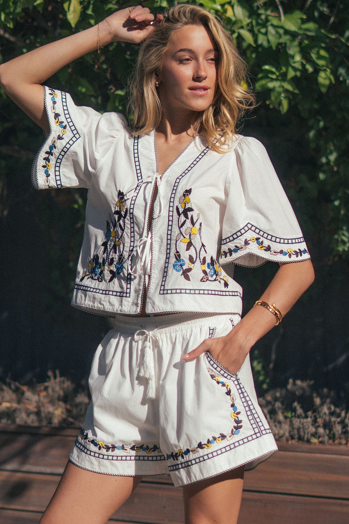vintage inspired embroidered trim cotton top - white (additional view)