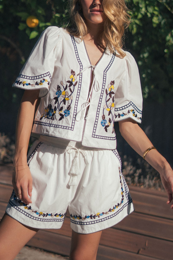 vintage inspired embroidered trim cotton top - white (additional view)