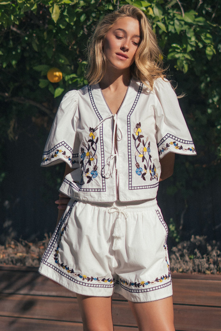 vintage inspired embroidered trim cotton top - white (additional view)