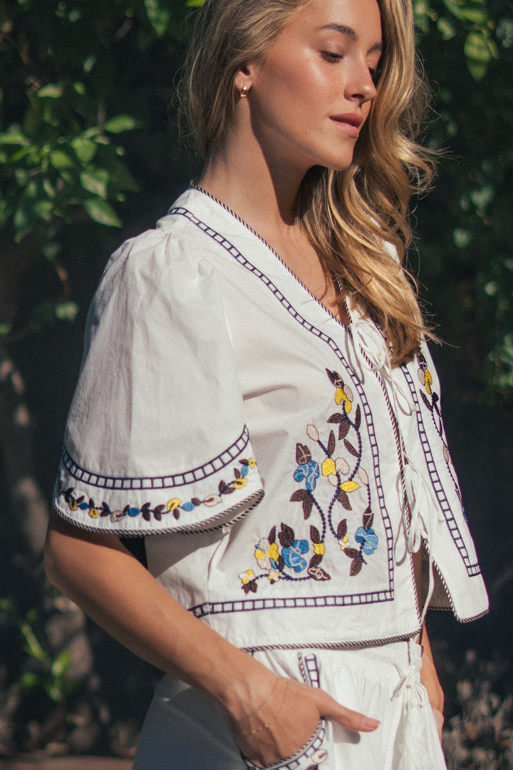 vintage inspired embroidered trim cotton top - white (additional view)