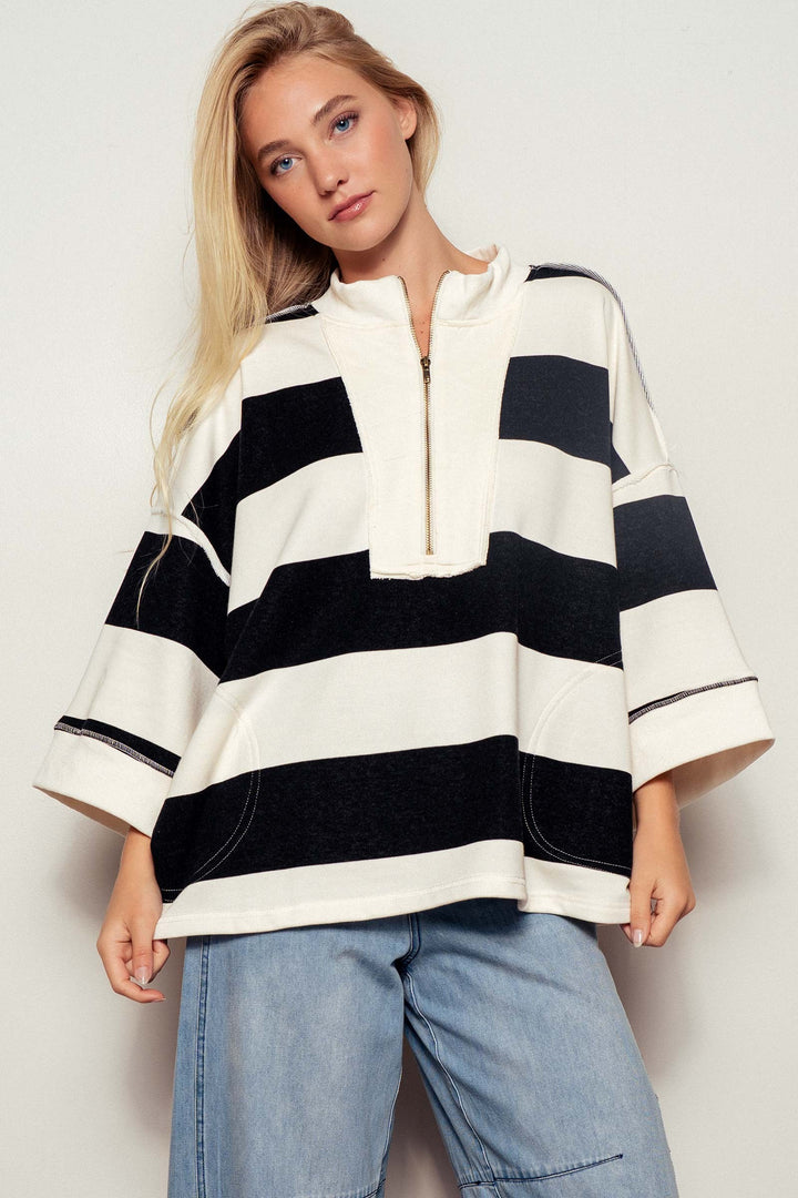 wide stripe half zip pullover - cream black