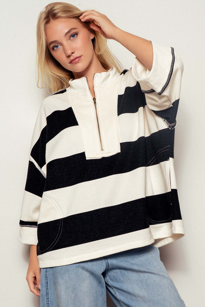 wide stripe half zip pullover - cream black (additional view)