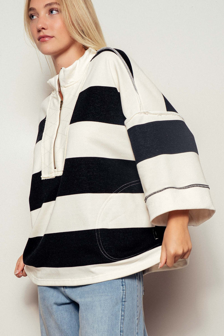wide stripe half zip pullover - cream black (additional view)