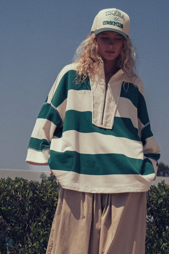 wide stripe half zip pullover - cream green