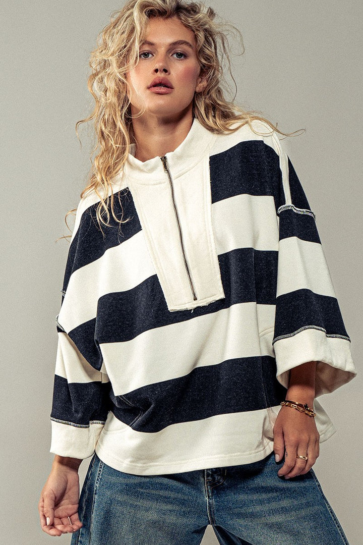 wide stripe half zip pullover - cream green (additional view)