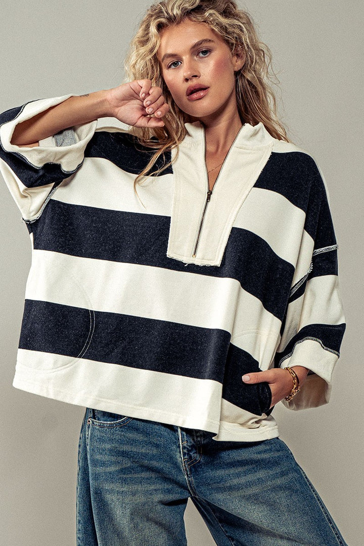 wide stripe half zip pullover - cream green (additional view)