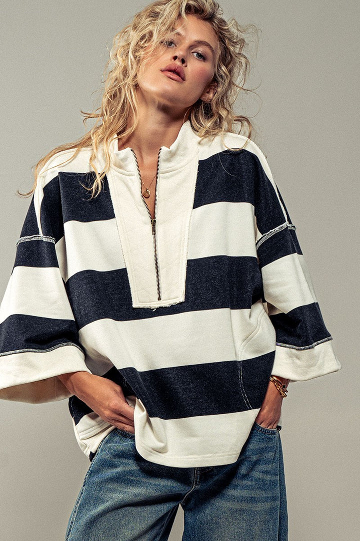 wide stripe half zip pullover - cream green (additional view)