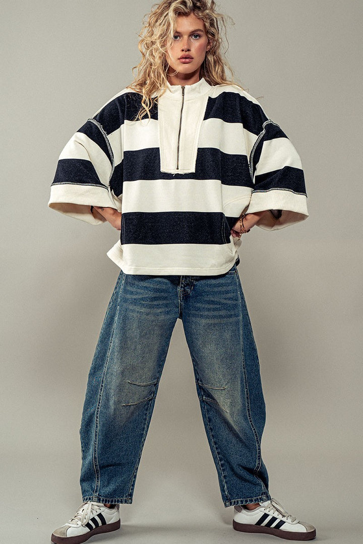 wide stripe half zip pullover - cream green (additional view)