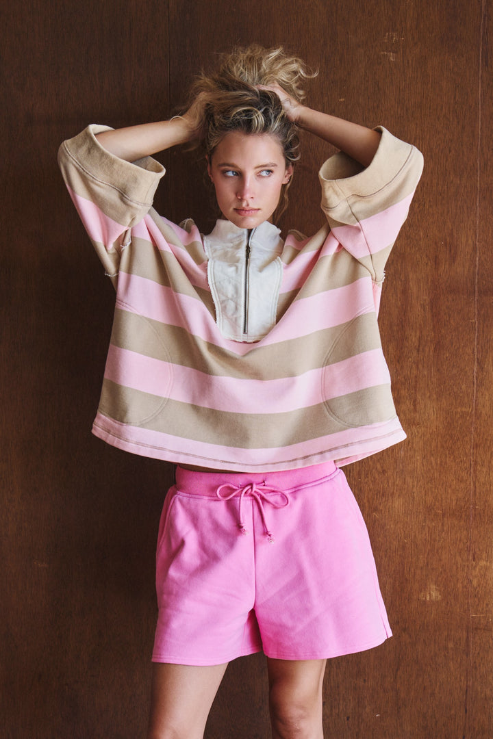 wide stripe half zip pullover - pink beige
