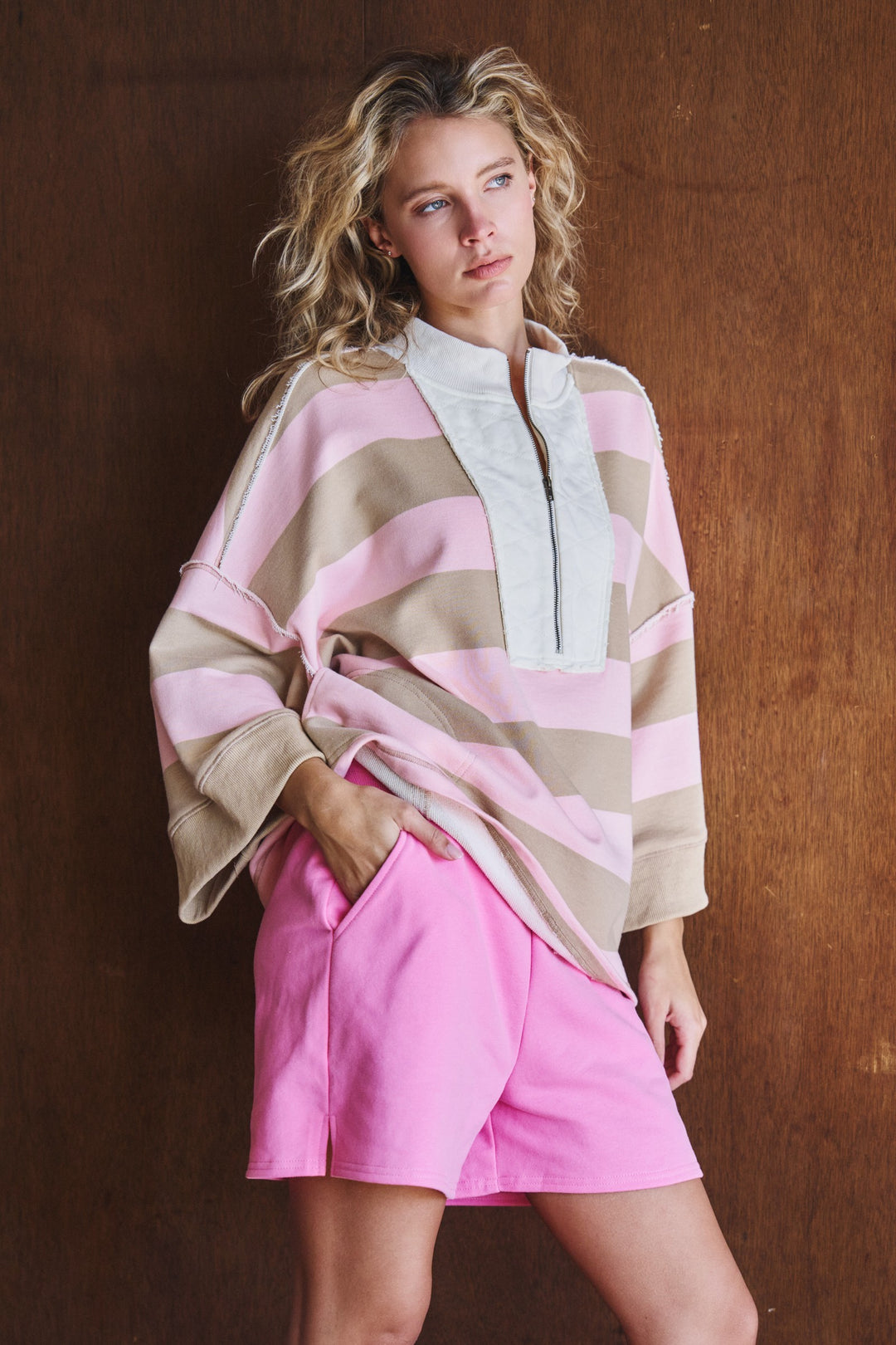 wide stripe half zip pullover - pink beige (additional view)