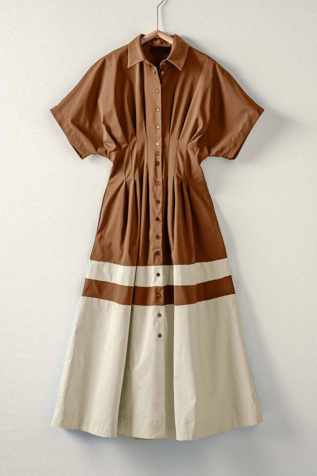 color block short sleeve button down midi dress - brown