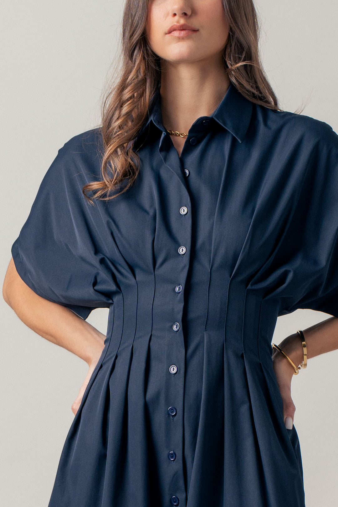 color block short sleeve button down midi dress - navy (additional view)