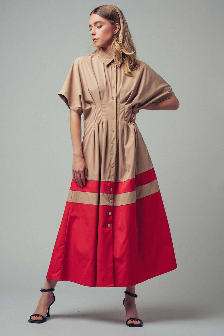 the sculpted waist shirt midi dress - camel