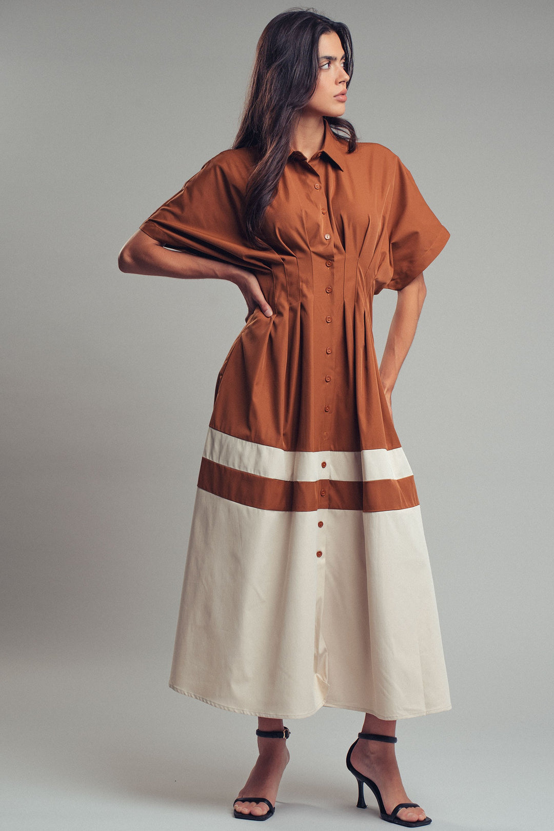 color block short sleeve button down midi dress - brown (additional view)