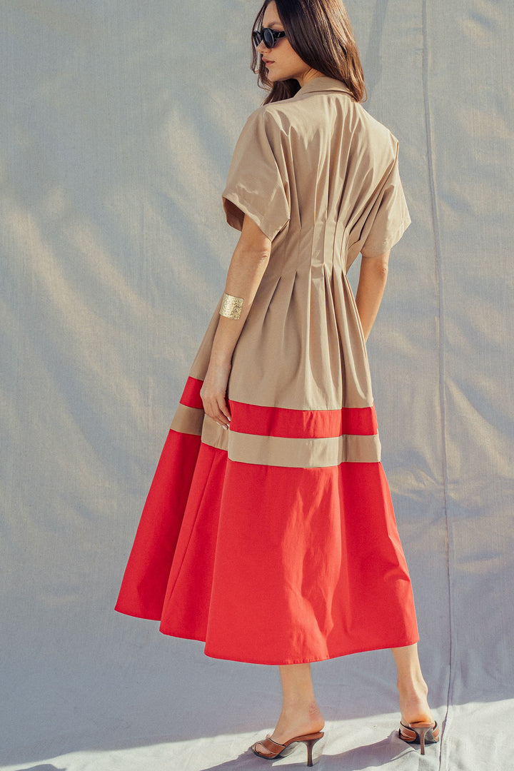 color block short sleeve button down midi dress - camel (additional view)
