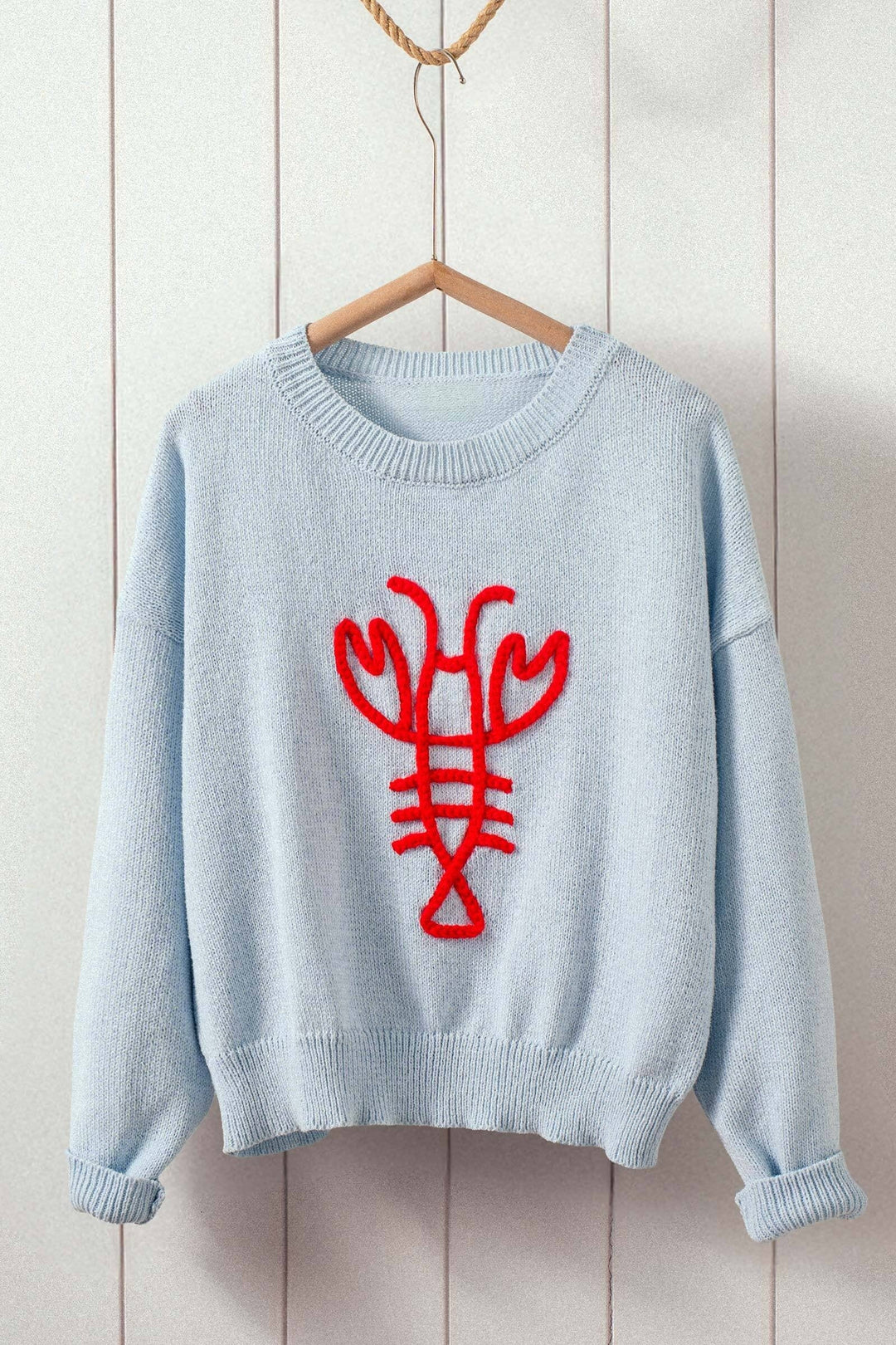 Relaxed Fit Lobster Knit Long Sleeve Sweater Top