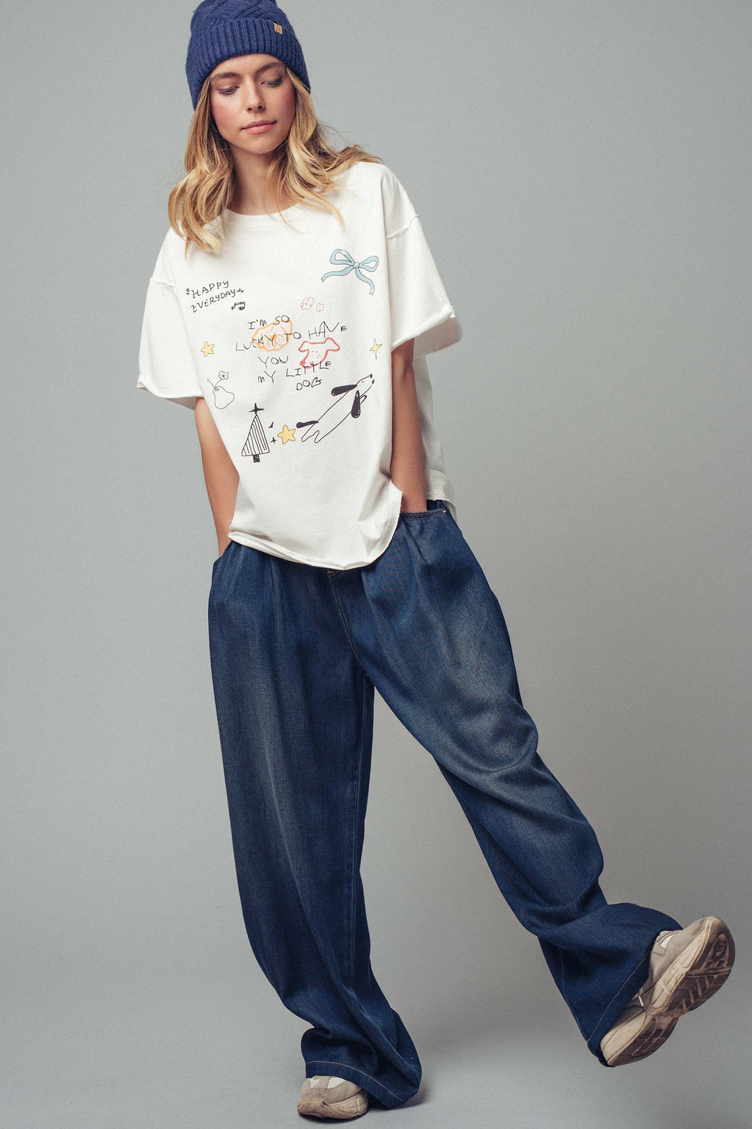playful dog doodle casual top for summer days - white