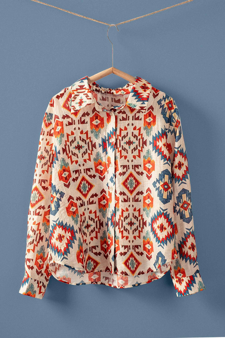 Geometric Pattern Button-Down Shirt with Collar
