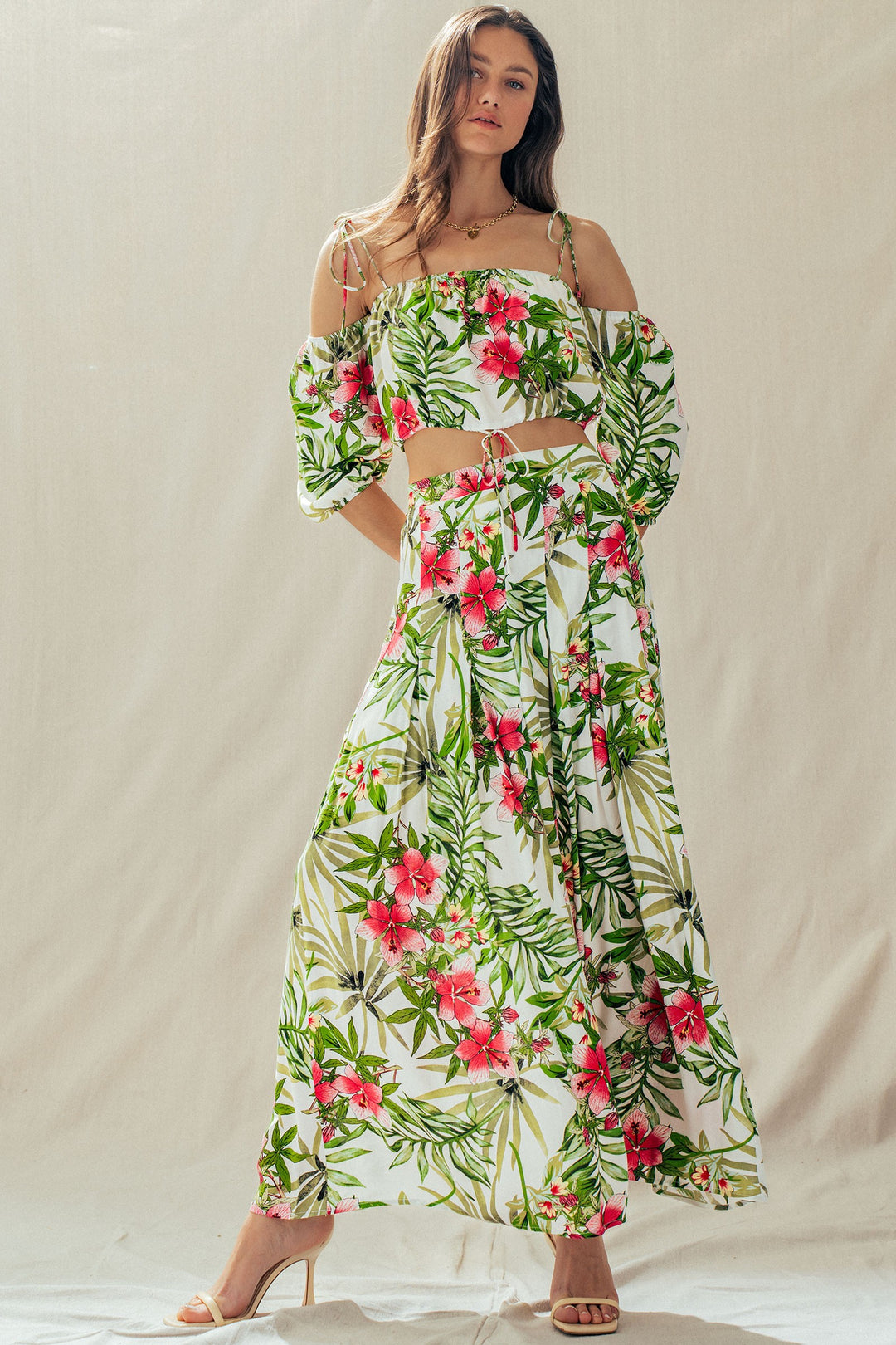 tropical floral off shoulder two piece - white