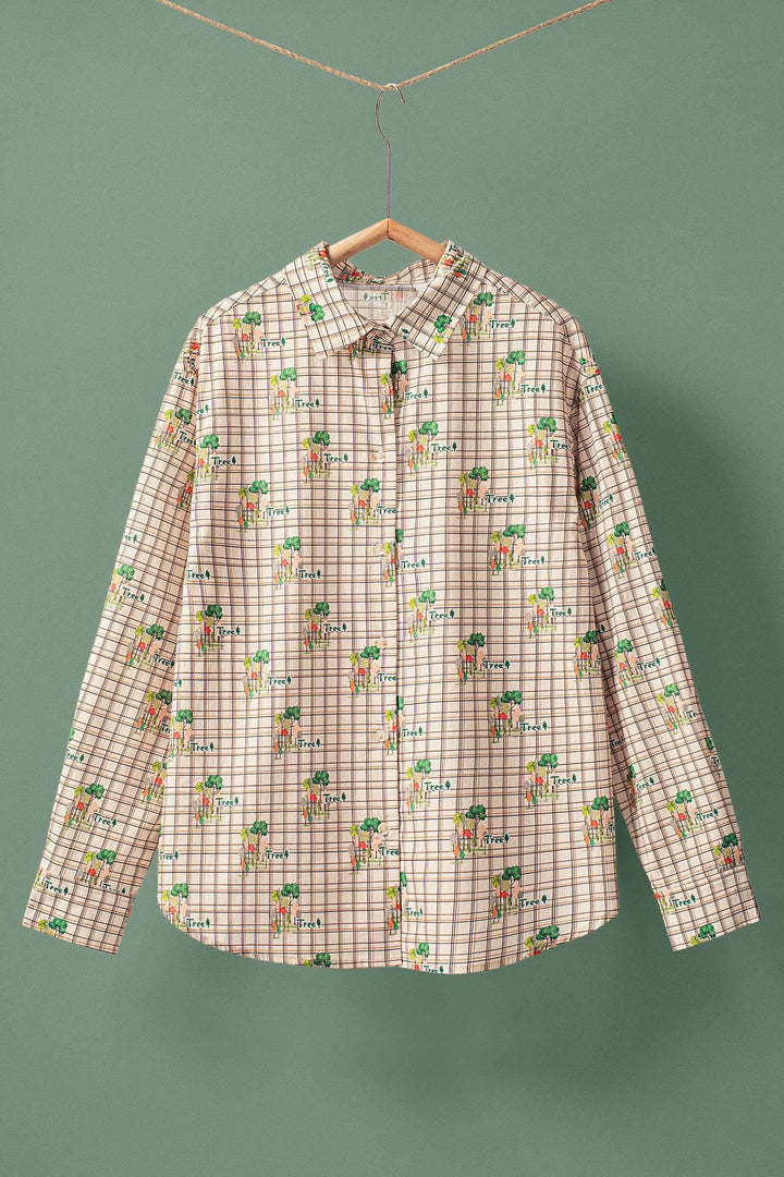Tree Pattern Button-Front Checked Shirt