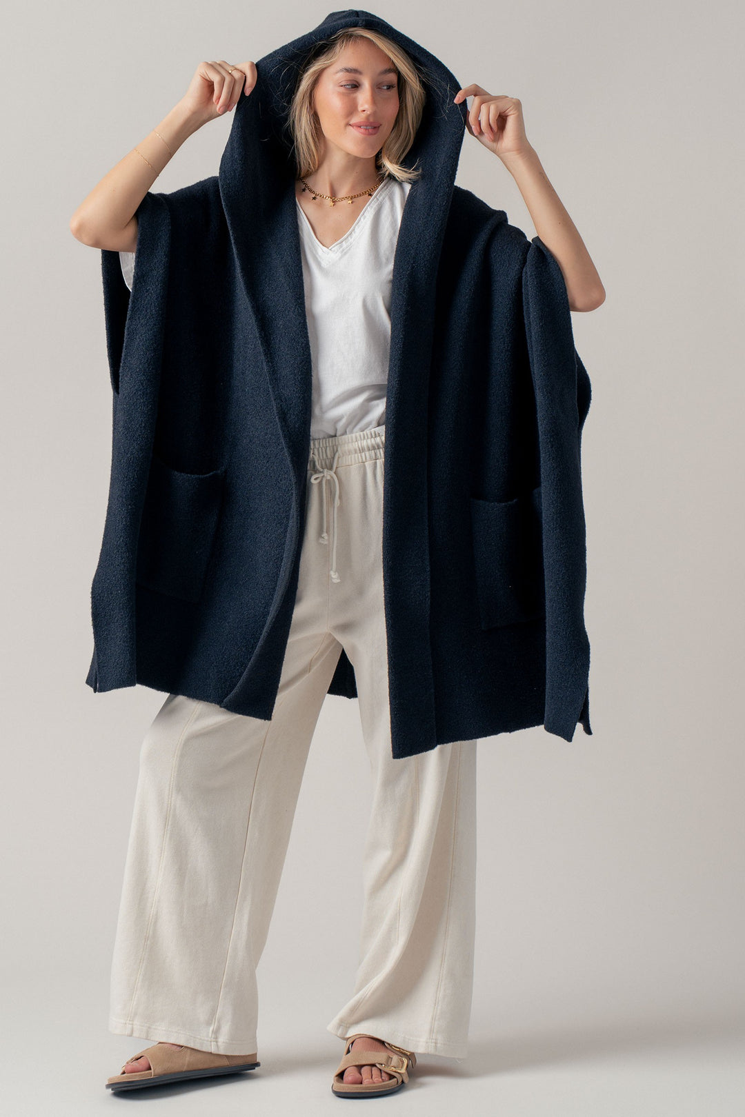 oversized cozy hooded poncho cardigan - black