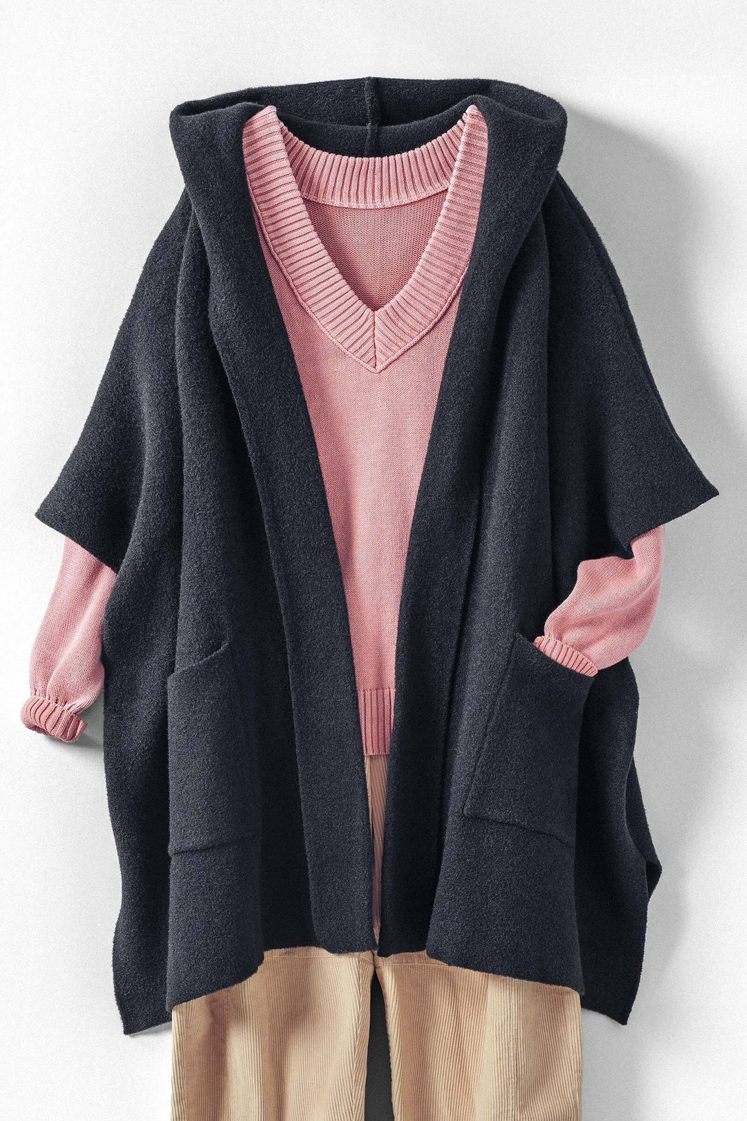 oversized wide collar open front poncho cardigan - black