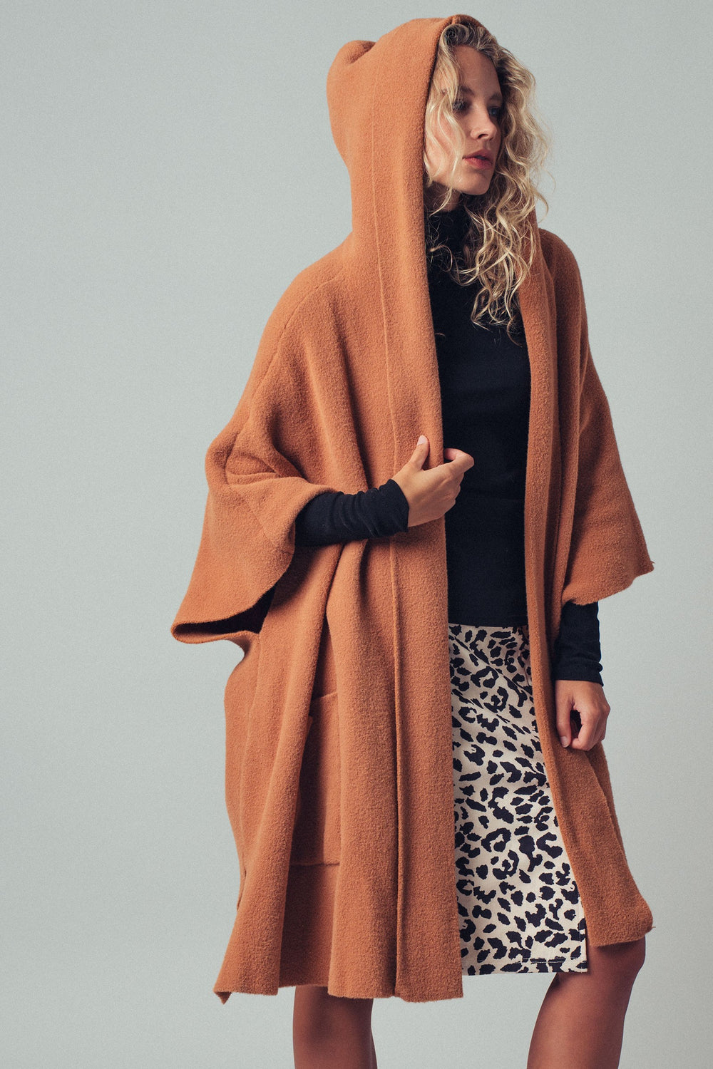 oversized wide collar open front poncho cardigan - camel