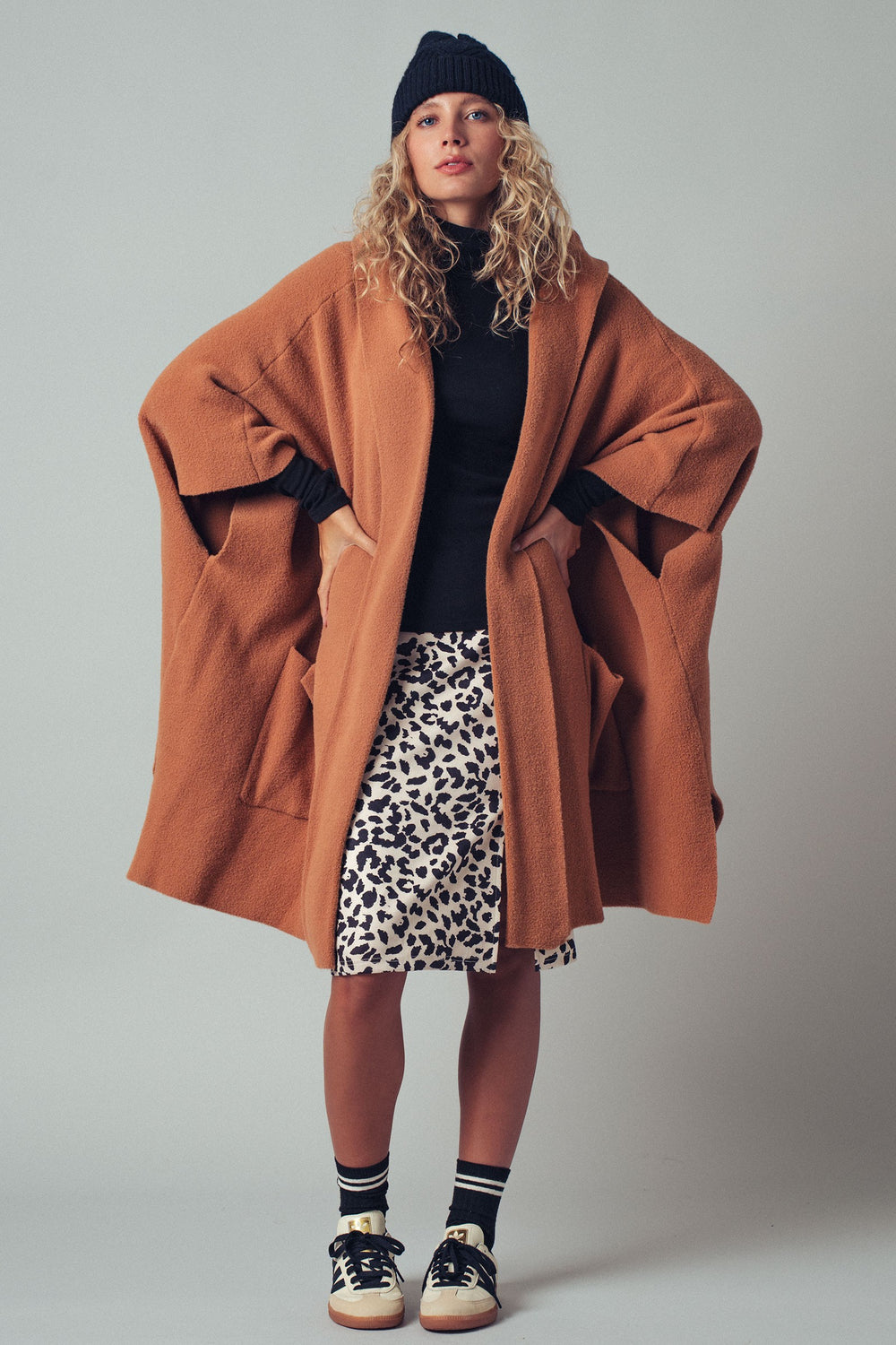 oversized wide collar open front poncho cardigan - camel (additional view)