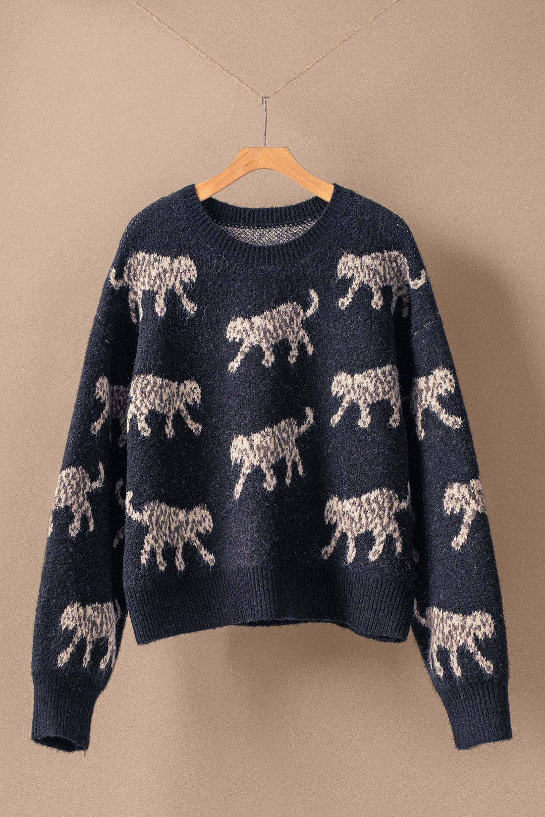 Leopard Pattern Crewneck Sweater With Cozy Knit
