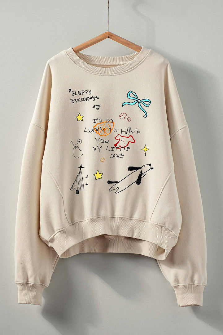 doodle knit casual top with playful dog print - ivory