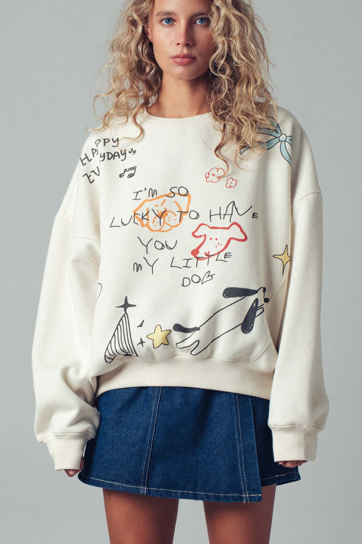 doodle knit casual top with playful dog print - ivory (additional view)