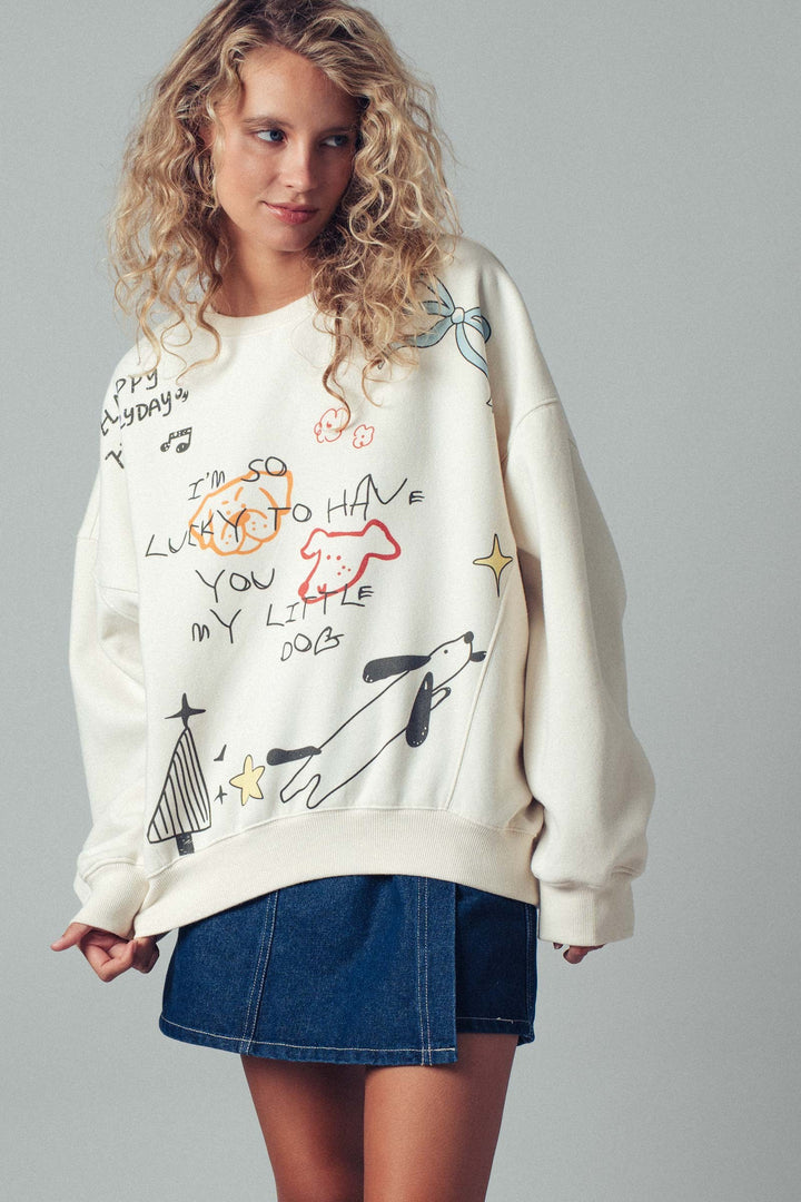 doodle knit casual top with playful dog print - ivory (additional view)