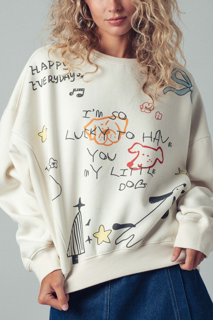 doodle knit casual top with playful dog print - ivory (additional view)